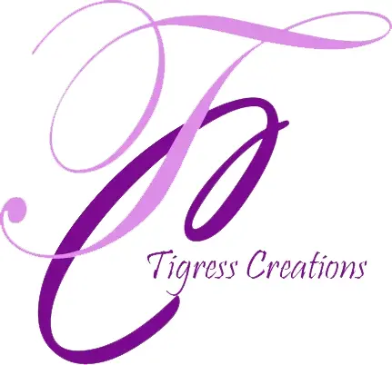 A purple and white logo for tigress creations.