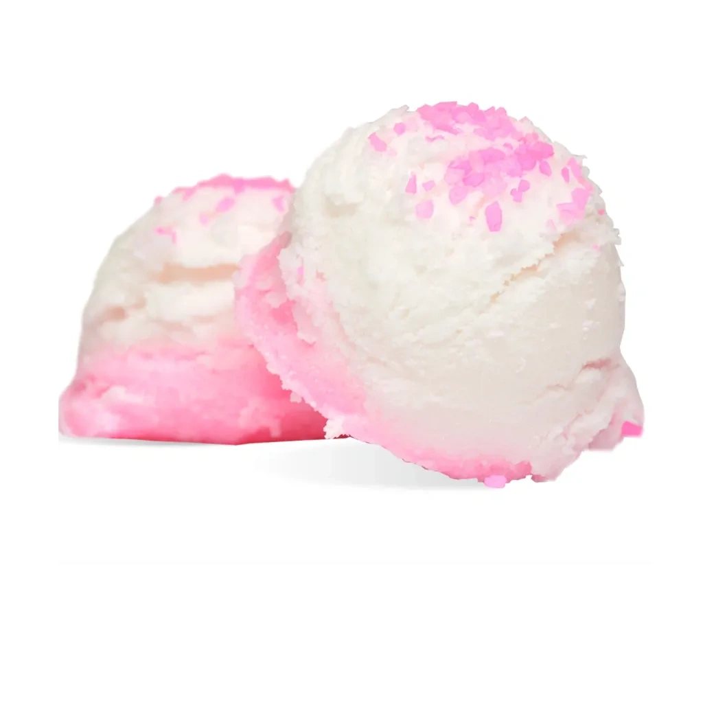 Two scoops of ice cream with pink and white frosting.