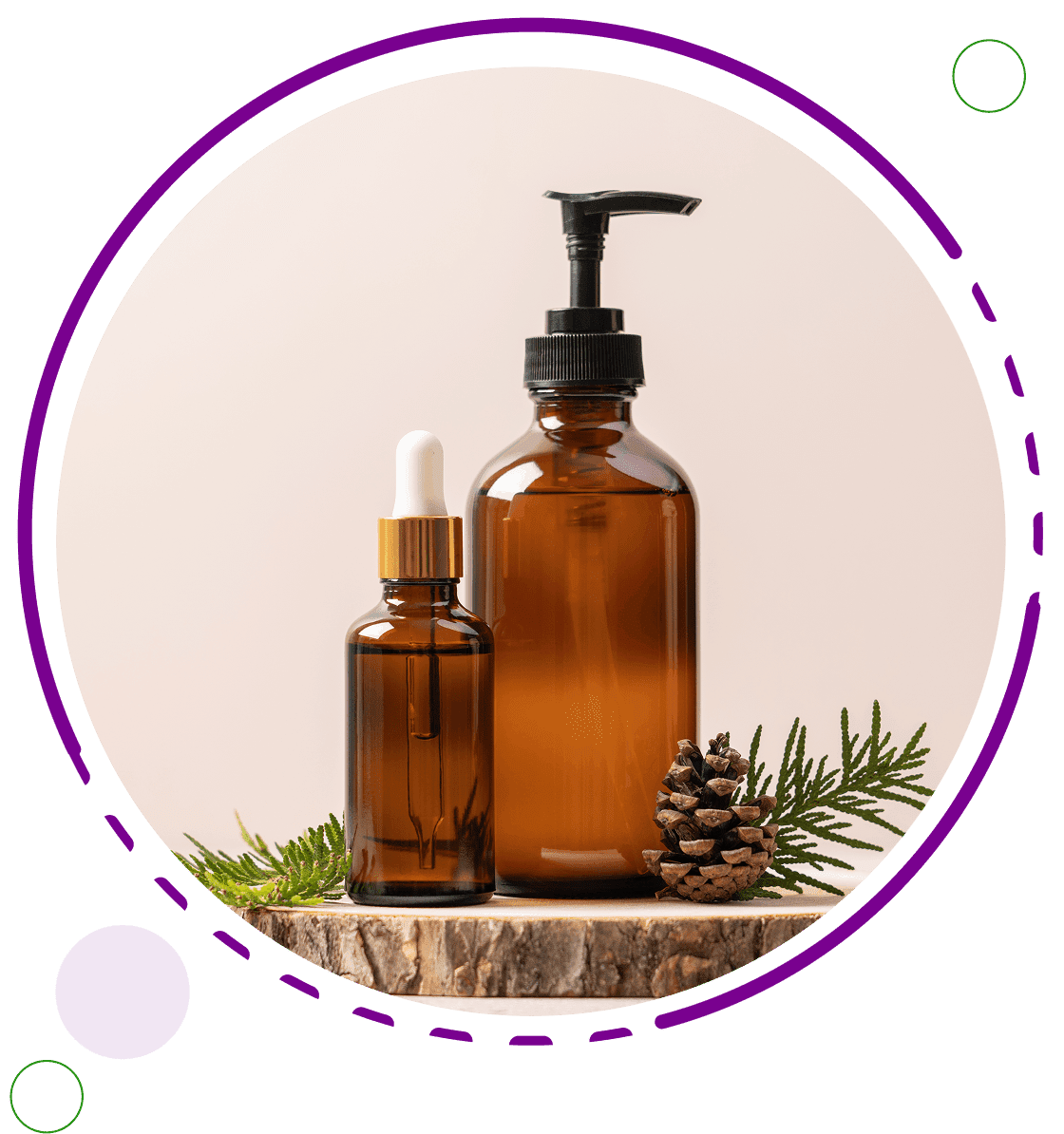 ttGroup 173 A bottle of lotion and a spray bottle on top of a tree stump.