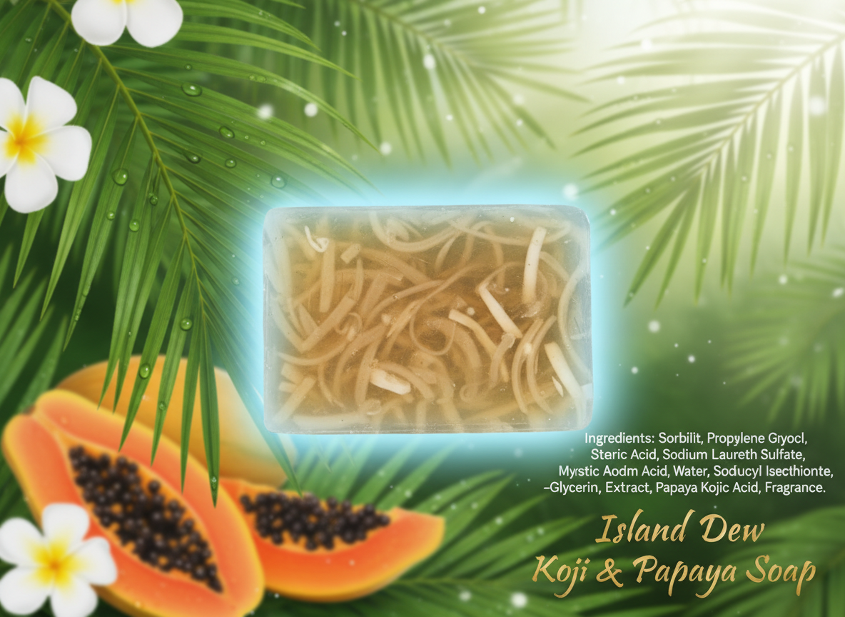 Tigress Creations Island Dew Koji and Papaya Soap bar with papaya fruits and tropical hibiscus flowers — kojic acid and papaya brightening soap for glowing skin